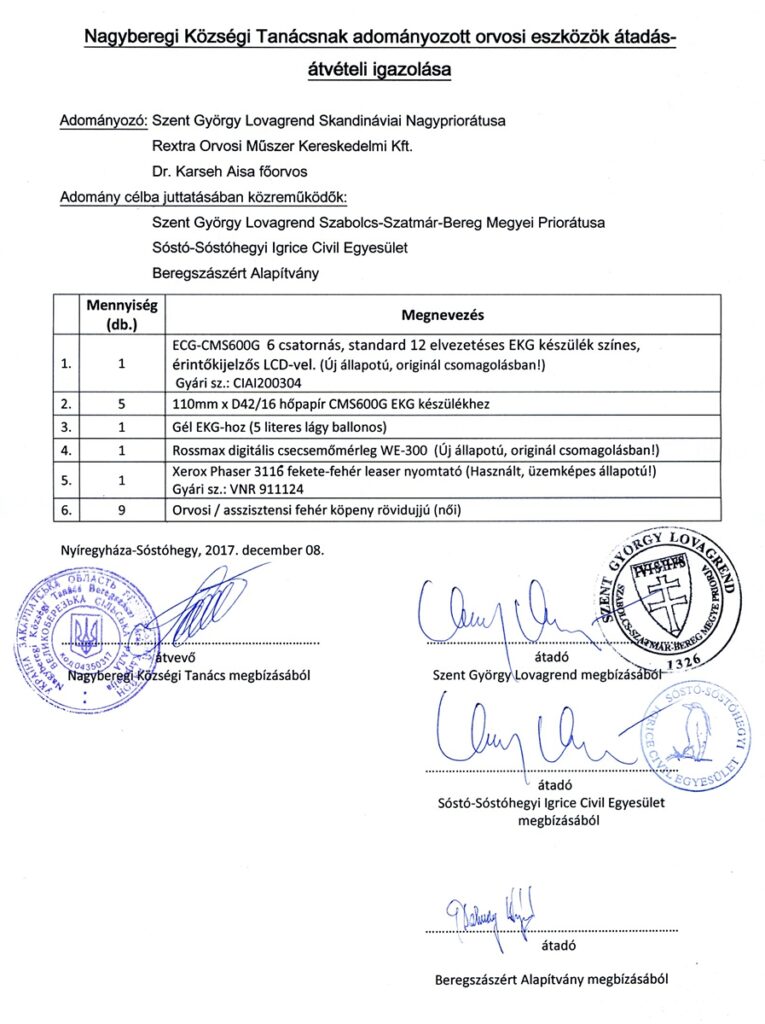 A Nagyberegi Községi Tanácsnak adományozott orvosi eszközök átadás-átvételi igazolványa